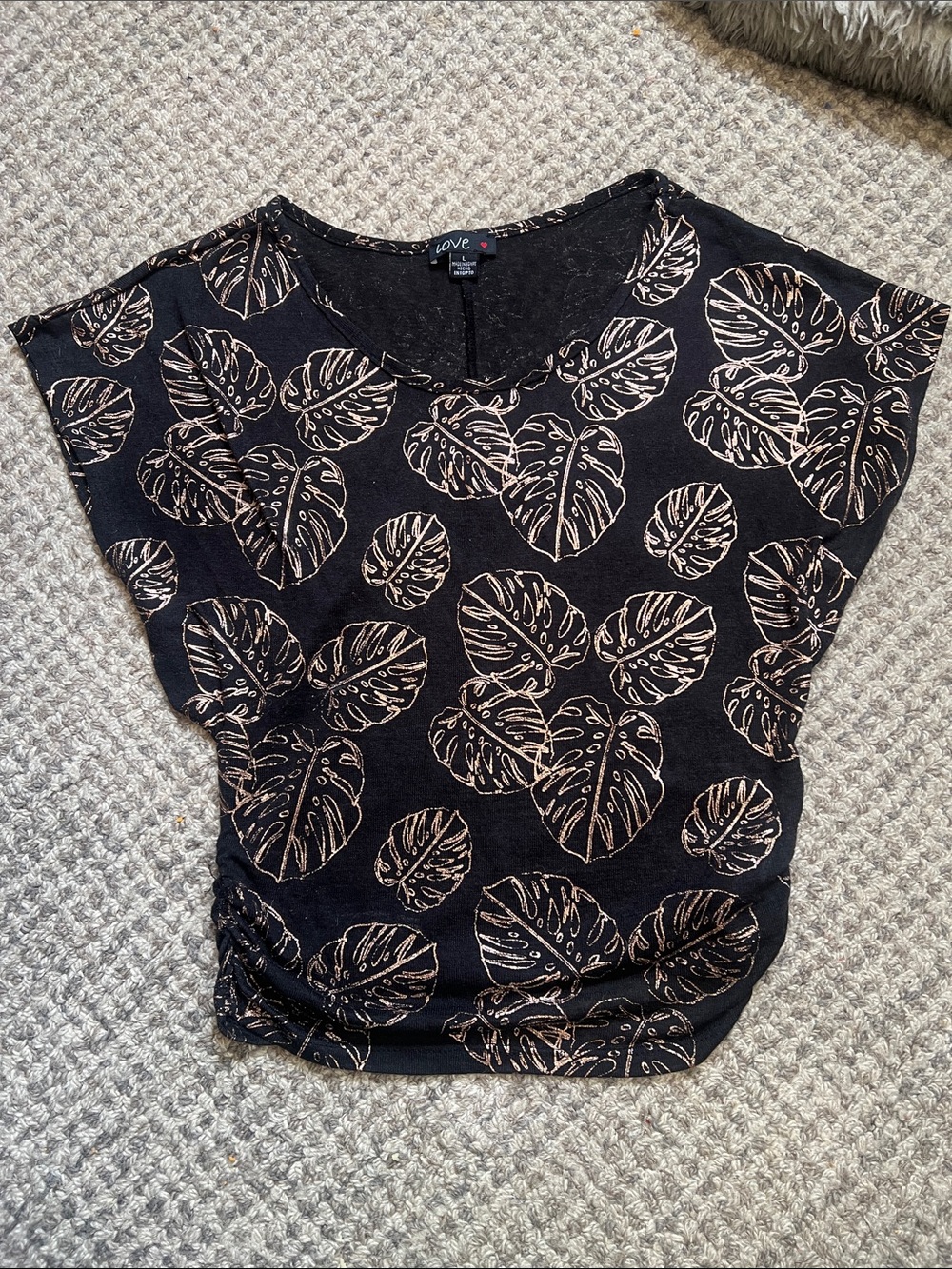LOVE Black Tee L Rose Gold Monstera Semi Sheer Stretch Top